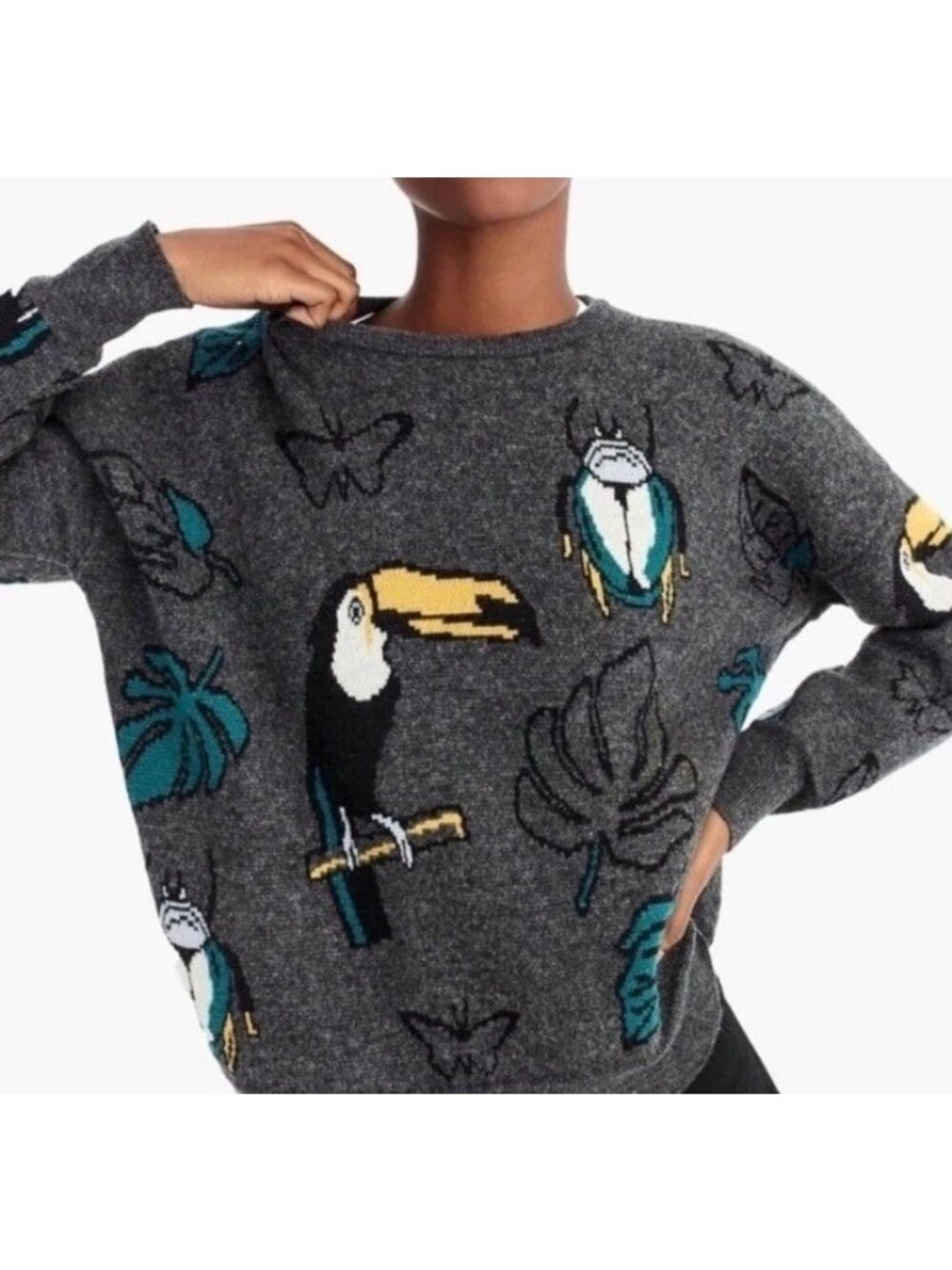 J. Crew X Demylee XXS Intarsia Toucan Beetle Wool Cropped Boxy Sweater